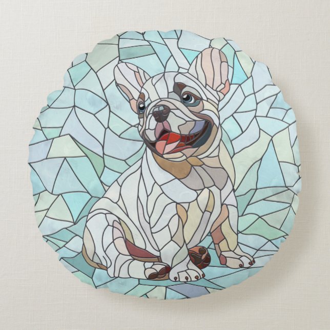 Schattigee Franse Bulldog Puppy - pastelmozaïek Rond Kussen (Voorkant)