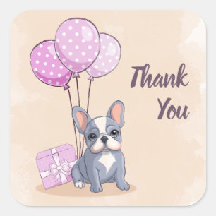 Schattigee Franse Bulldog Puppy Roze Ballon Baby s Vierkante Sticker