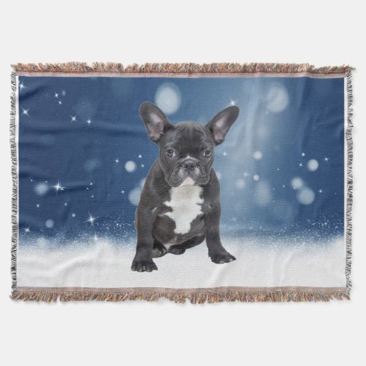 Schattigee Franse Bulldog Puppy Sneeuwsterren Blau Deken (Voorkant)