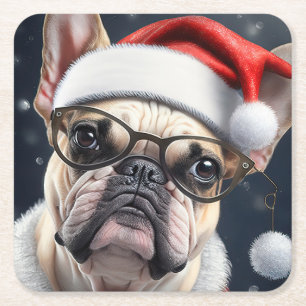 Schattigee Franse Bulldog Santa Christmas Holiday Kartonnen Onderzetters