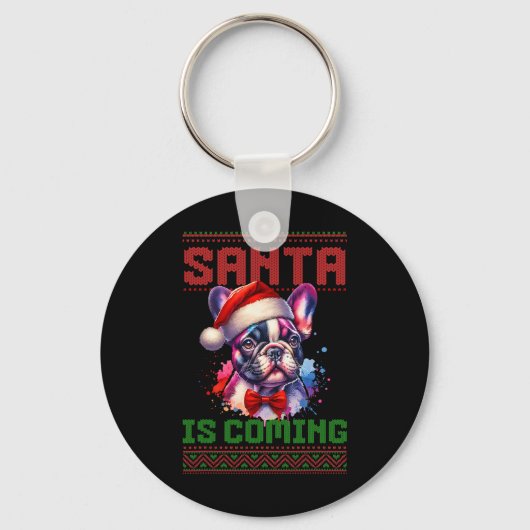 Schattigee Franse Bulldog Santa Hat Ugly Christmas Sleutelhanger (Voorkant)