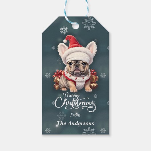 Schattigee Franse Bulldog Santa Hat Vrolijk Kerstf Cadeaulabel (Voorkant)