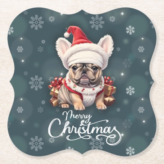 Schattigee Franse Bulldog Santa Hat Vrolijk Kerstf Kartonnen Onderzetters (Voorkant)