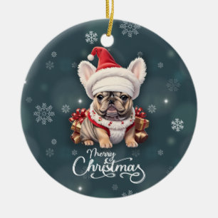 Schattigee Franse Bulldog Santa Hat Vrolijk Kerstf Keramisch Ornament