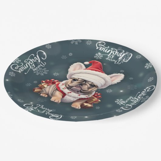 Schattigee Franse Bulldog Santa Hat Vrolijk Kerstf Papieren Bordje (Gekanteld)