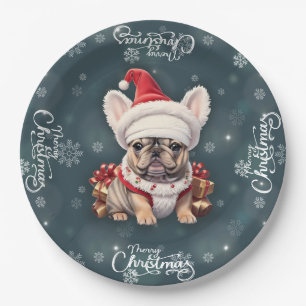 Schattigee Franse Bulldog Santa Hat Vrolijk Kerstf Papieren Bordje