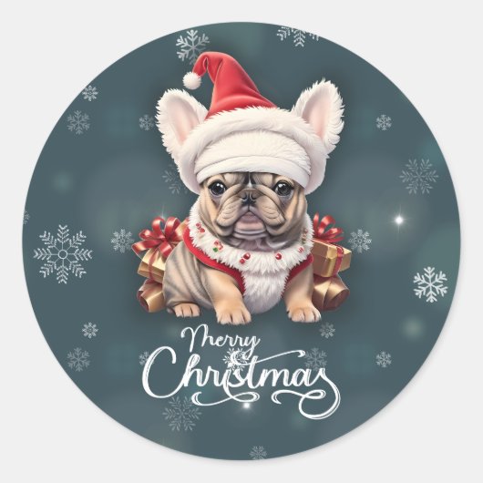Schattigee Franse Bulldog Santa Hat Vrolijk Kerstf Ronde Sticker (Voorkant)