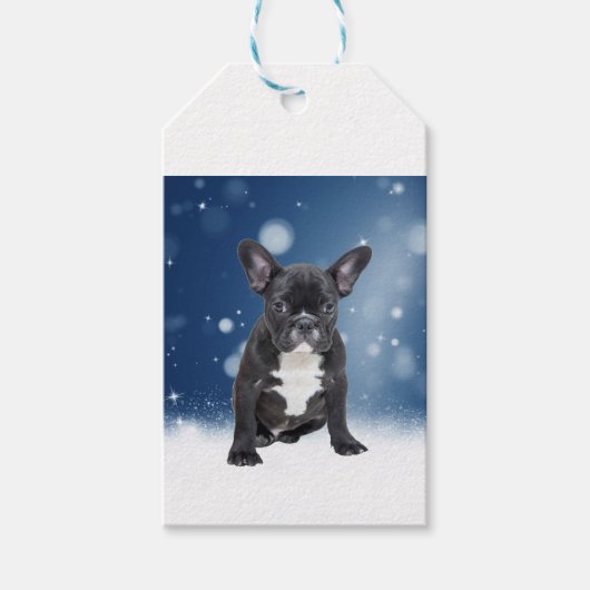 Schattigee Franse Bulldog Snow Stars Blue Christma Cadeaulabel (Voorkant)