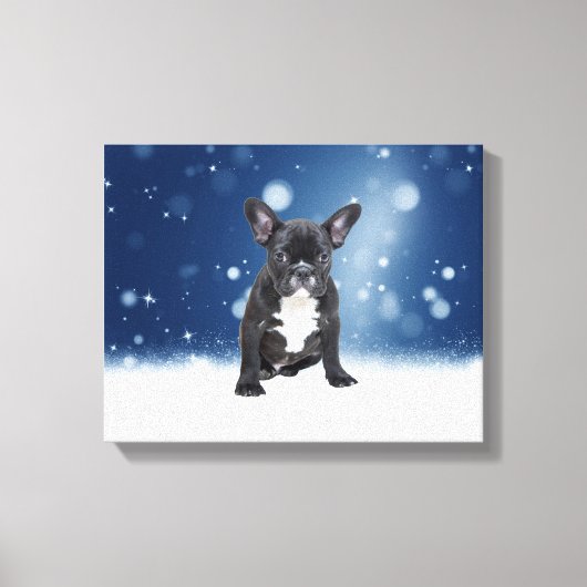 Schattigee Franse Bulldog Snow Stars Blue Christma Canvas Afdruk (Voorkant)