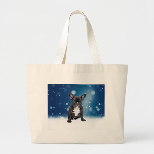 Schattigee Franse Bulldog Snow Stars Blue Christma Grote Tote Bag (Voorkant)