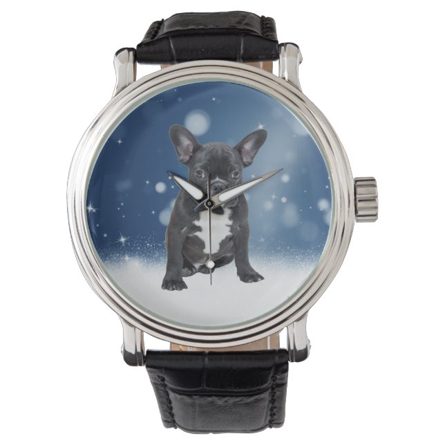 Schattigee Franse Bulldog Snow Stars Blue Christma Horloge (Voorkant)