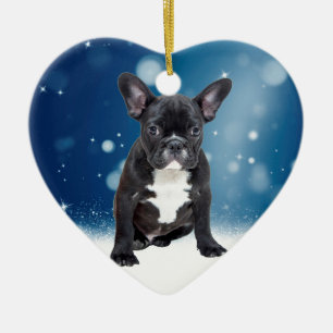 Schattigee Franse Bulldog Snow Stars Blue Christma Keramisch Ornament