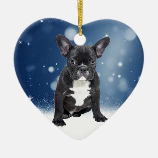 Schattigee Franse Bulldog Snow Stars Blue Christma Keramisch Ornament (Voorkant)