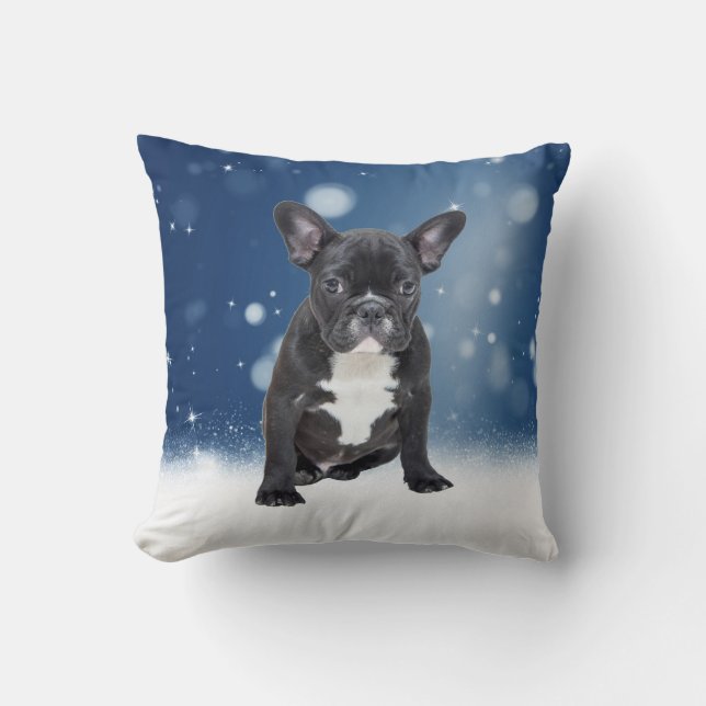 Schattigee Franse Bulldog Snow Stars Blue Christma Kussen (Voorkant)