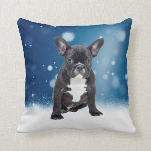 Schattigee Franse Bulldog Snow Stars Blue Christma Kussen