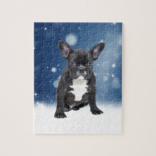 Schattigee Franse Bulldog Snow Stars Blue Christma Legpuzzel (Verticaal)