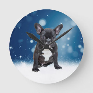 Schattigee Franse Bulldog Snow Stars Blue Christma Ronde Klok