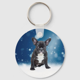 Schattigee Franse Bulldog Snow Stars Blue Christma Sleutelhanger