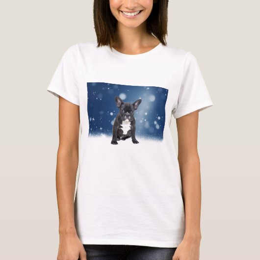 Schattigee Franse Bulldog Snow Stars Blue Christma T-shirt (Voorkant)