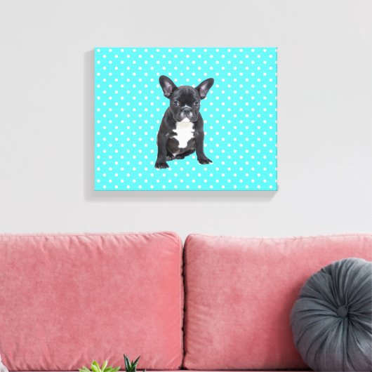 Schattigee Franse Bulldog w Blue Polka Dots Canvas Afdruk (Insitu (Woonkamer))