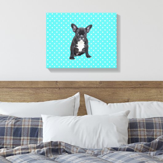 Schattigee Franse Bulldog w Blue Polka Dots Canvas Afdruk (Insitu (Slaapkamer))