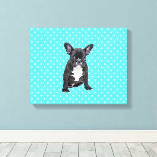 Schattigee Franse Bulldog w Blue Polka Dots Canvas Afdruk (Insitu (Houten vloer))