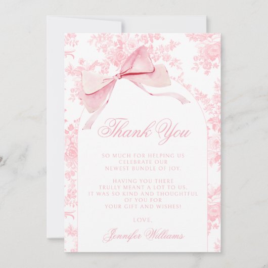 Schattigee Franse Roze Bow Bloemen Baby Meisje Dou Bedankkaart (Voorkant)