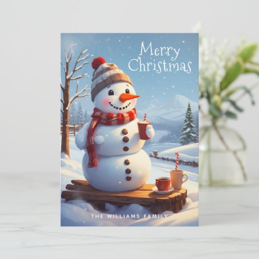 Schattigee Frosty Sneeuwman Hot Chocolate Vakantie Feestdagenkaart (Staand voorkant)