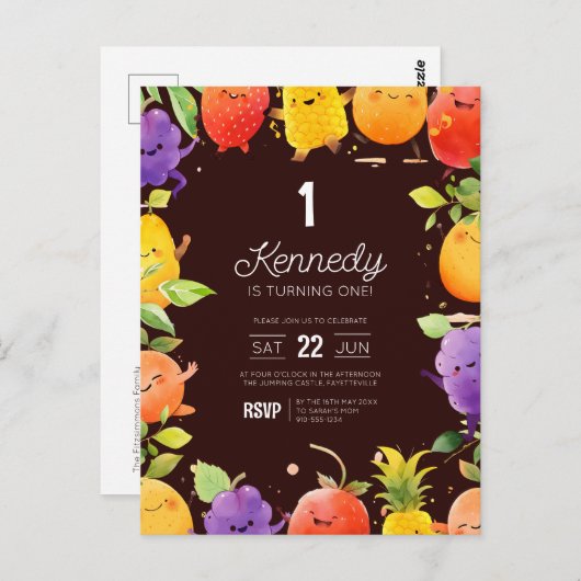 Schattigee fruitverjaardagsuitnodiging briefkaart (Voorkant / Achterkant)