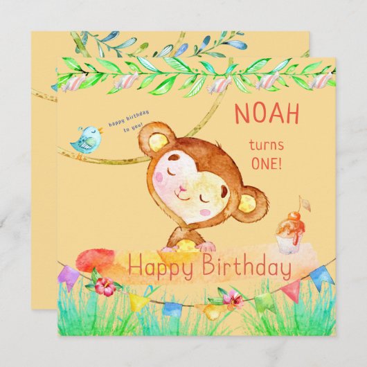 Schattigee Fun Monkey Eerste Verjaardag Kaart (Voorkant / Achterkant)