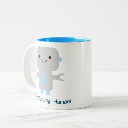 Schattigee Funny Cartoon Robot | Goedemorgen mens Tweekleurige Koffiemok (Voorkant links)