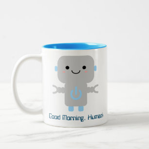 Schattigee Funny Cartoon Robot   Goedemorgen mens Tweekleurige Koffiemok