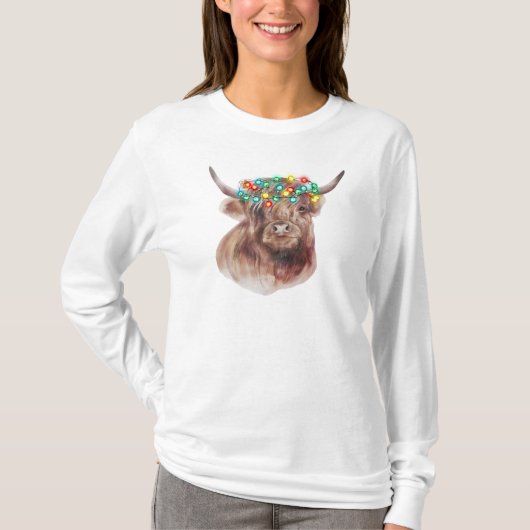 Schattigee Funny Christmas Highland Koe Neon Light T-shirt (Voorkant)
