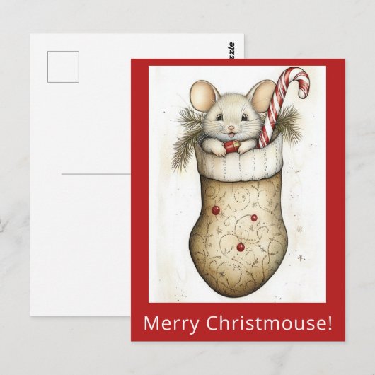 Schattigee Funny Christmas Mouse Stocking Waterver Briefkaart (Voorkant / Achterkant)