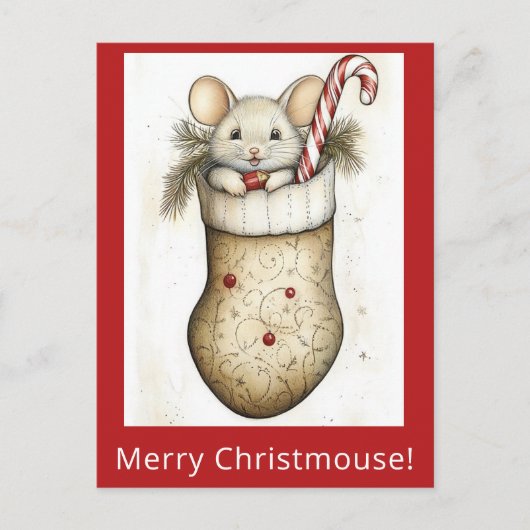 Schattigee Funny Christmas Mouse Stocking Waterver Briefkaart (Voorkant)