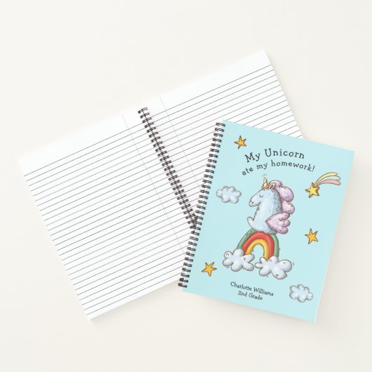 Schattigee Funny Eenhoorn at mijn huiswerk Cartoon Notitieboek (Binnen)