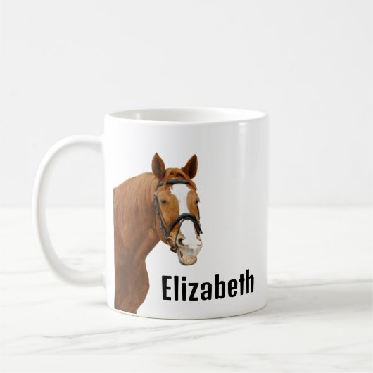 Schattigee Funny Horse Gepersonaliseerde Naam Koffiemok (Links)