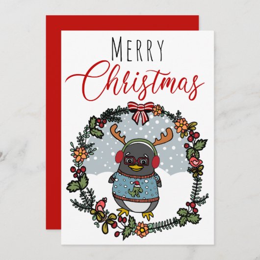 Schattigee Funny Nerd Pinguïn Cartoon Vrolijk Kers Feestdagenkaart (Voorkant / Achterkant)