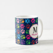 Schattigee Funny Pet Paw Print op Navy Monogrammed Koffiemok (Voorkant rechts)