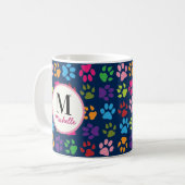 Schattigee Funny Pet Paw Print op Navy Monogrammed Koffiemok (Voorkant links)