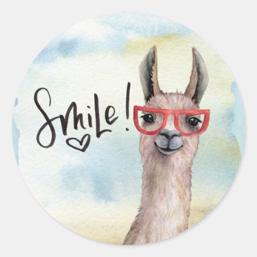 Schattigee Funny Smile Llama Ronde Sticker (Voorkant)