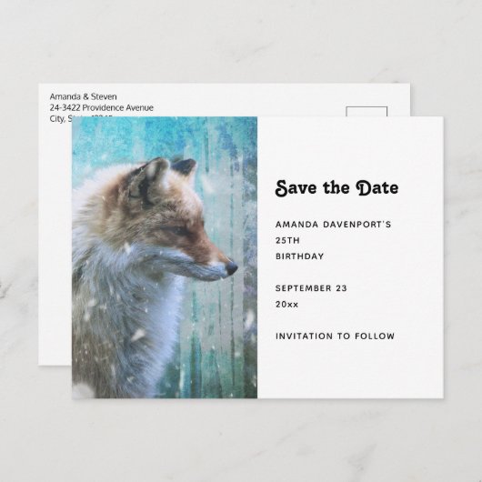 Schattigee Furry Fox op Blue Grunge Achtergrond Aankondigingskaart (Voorkant / Achterkant)