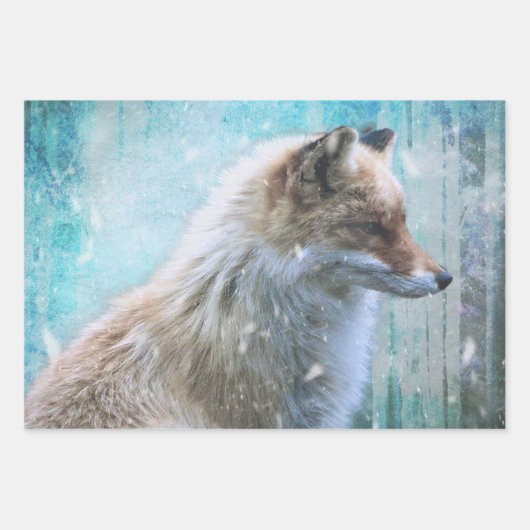 Schattigee Furry Fox op Blue Grunge Achtergrond Inpakpapier Vel (Voorkant 3)