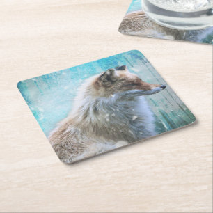 Schattigee Furry Fox op Blue Grunge Achtergrond Kartonnen Onderzetters