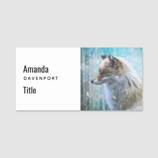 Schattigee Furry Fox op Blue Grunge Achtergrond Naamplaatje (Voorkant)