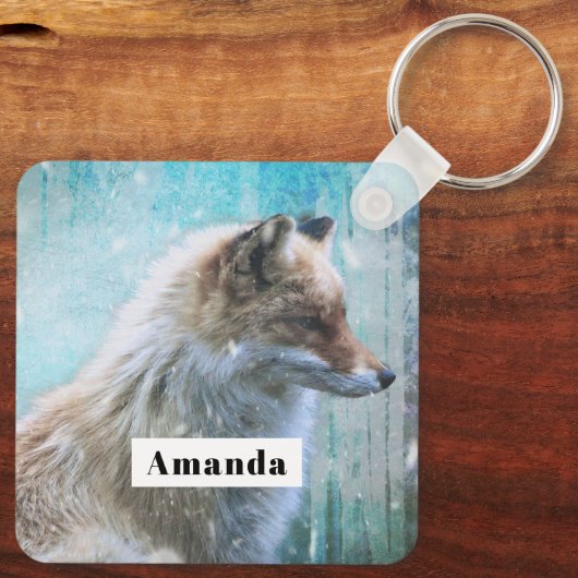 Schattigee Furry Fox op Blue Grunge Achtergrond Sleutelhanger (Achterkant)