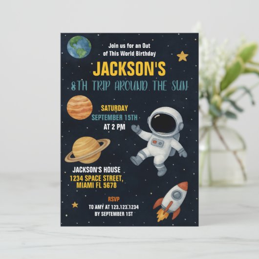 Schattigee Galaxy Rocket Party Uitnodigen Kaart (Staand voorkant)