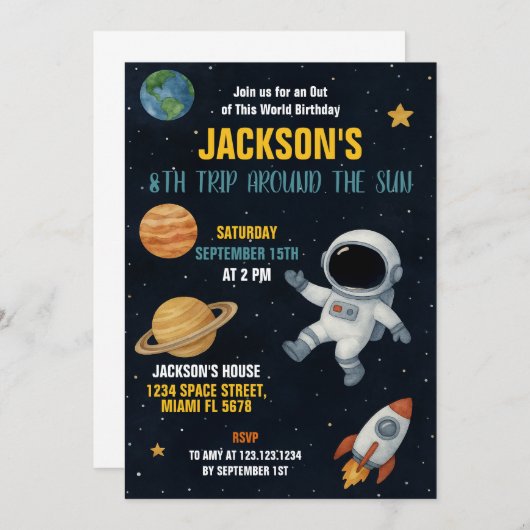 Schattigee Galaxy Rocket Party Uitnodigen Kaart (Voorkant / Achterkant)