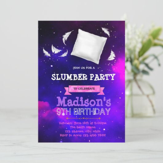 Schattigee galaxy sleepover party uitnodiging (Staand voorkant)