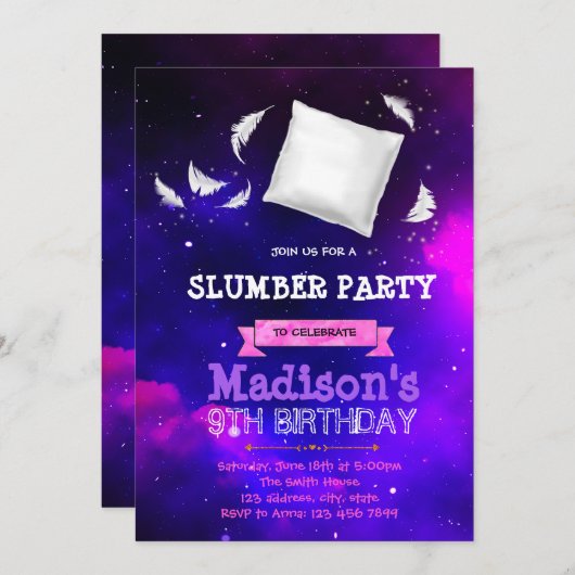 Schattigee galaxy sleepover party uitnodiging (Voorkant / Achterkant)